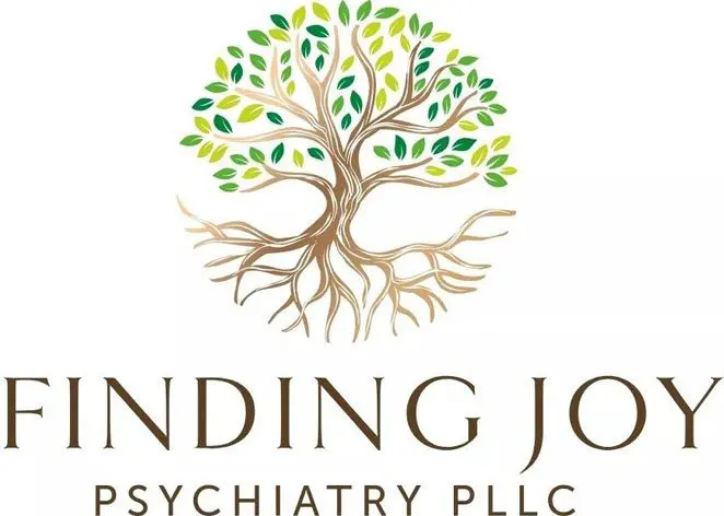 A logo of the tree with roots and the words " finding joy psychiatry pllc ".